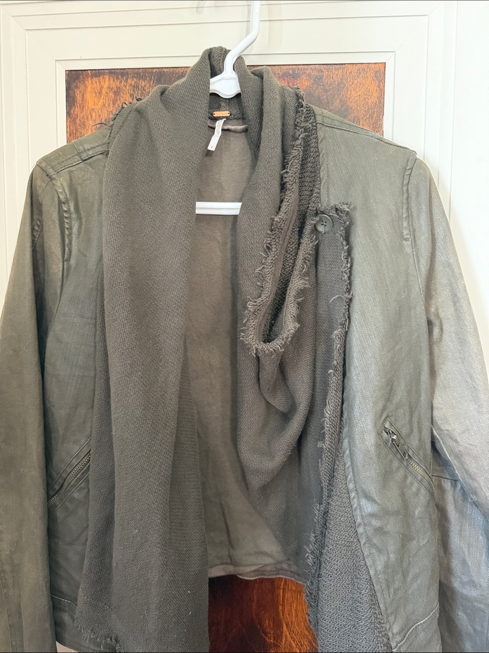 Free People Olive Green Draped jean Jacket - Picture 2 of 5